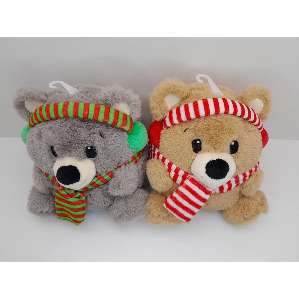 American Greetings Christmas Teddy Bear Plush Set Grey Tan Earmuffs Scarf 7in